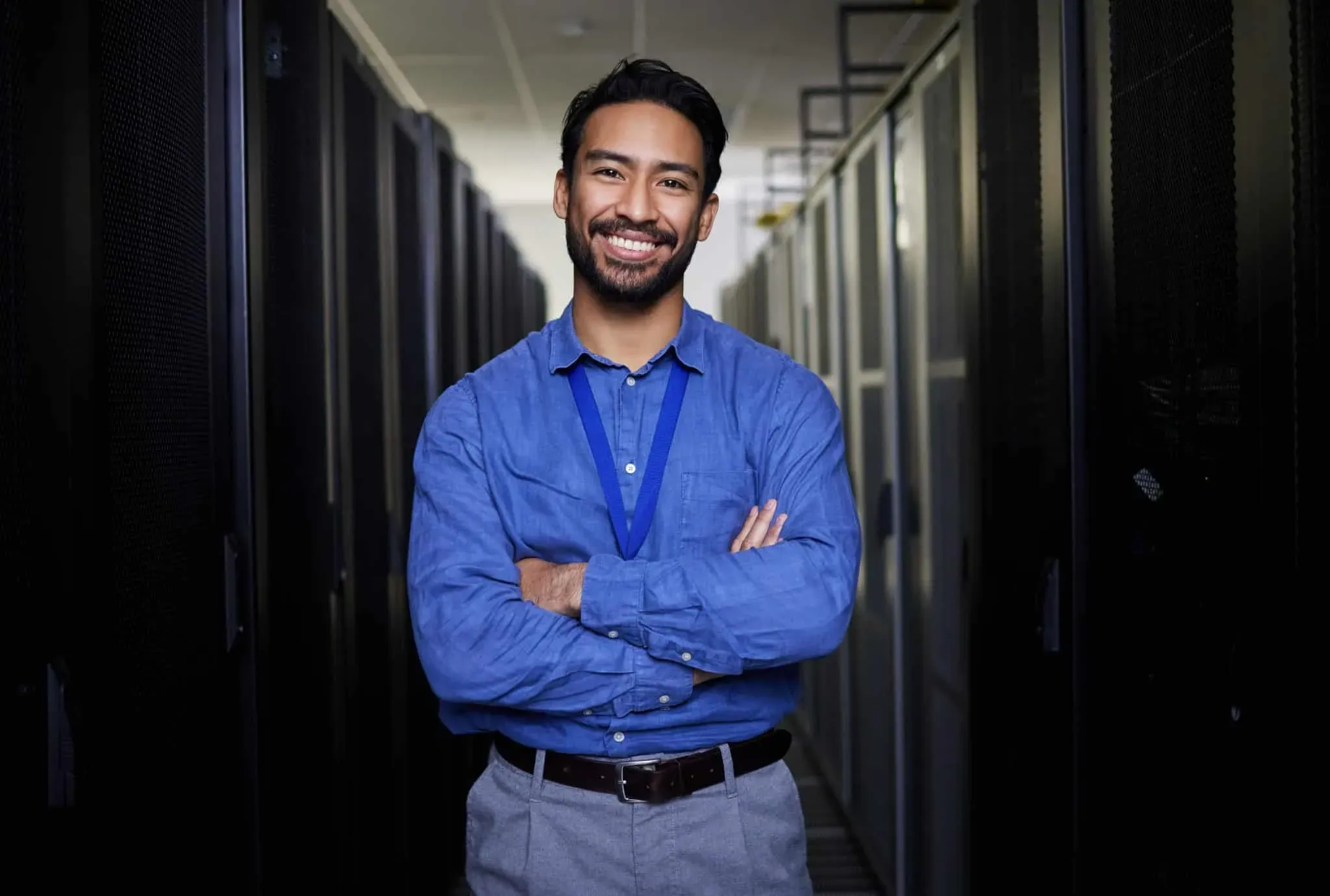 Server room, portrait or happy man for online cybersecurity glitch, machine or servers system. IT s.